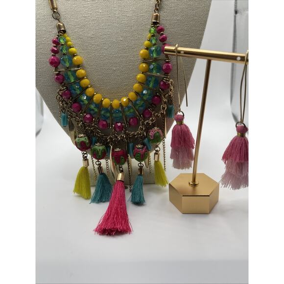 Ethnic Boho Bead Fabric Statement Necklace Fringe Tassel Earrings Gold Tone - Picture 5 of 10